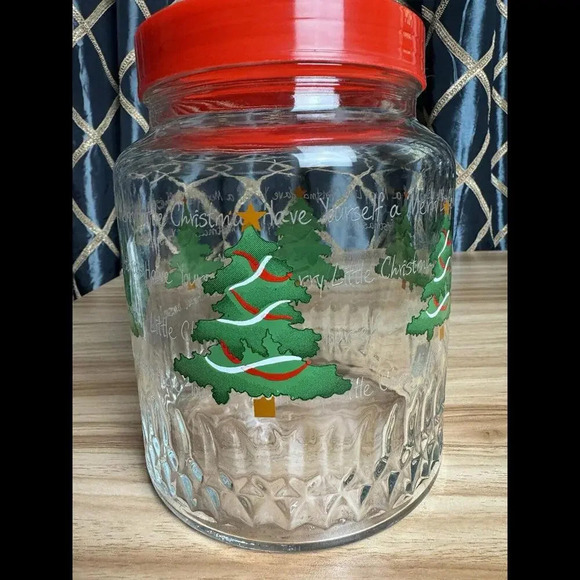 Vintage KIG Glass Canister  Jar With Lid Christmas Trees Made In Indonesia - Picture 1 of 6